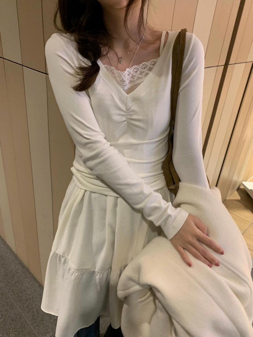 V-neck shirring T-4col