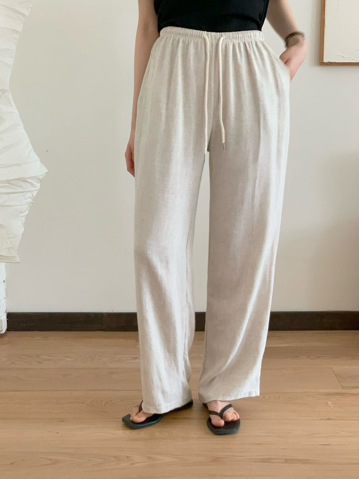 vintage linen wide banding pants-3col