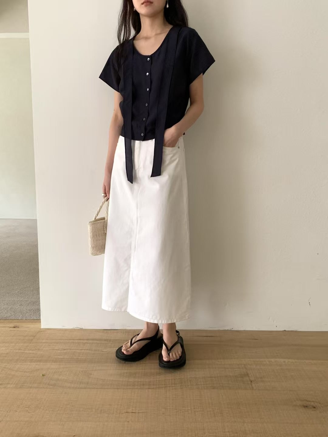 deondo tie short sleeve blouse-2col