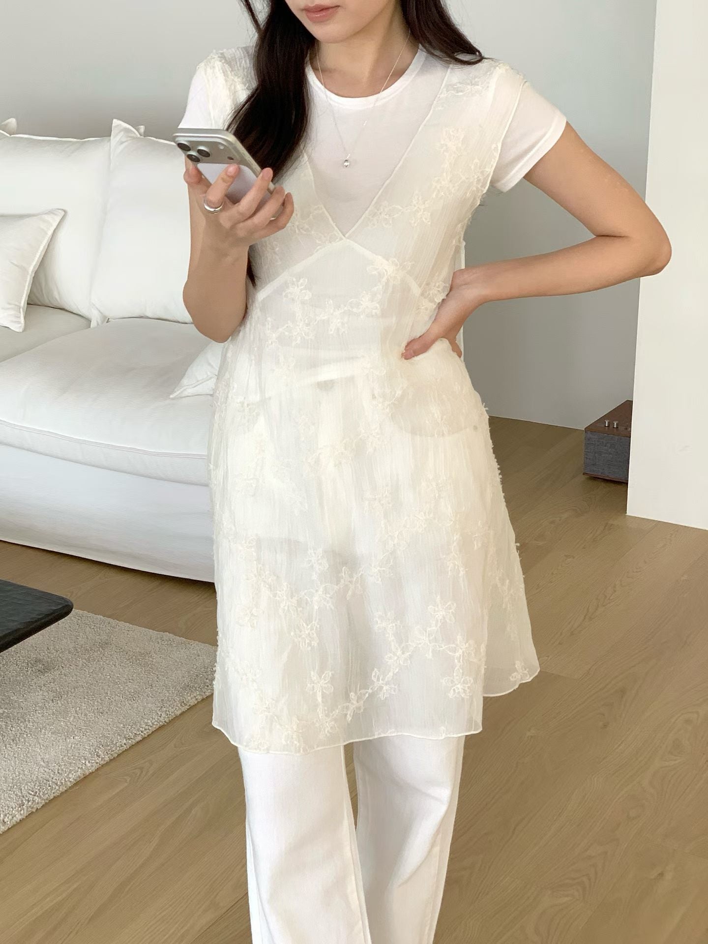 embroidered see-through bustier onepiece-2col