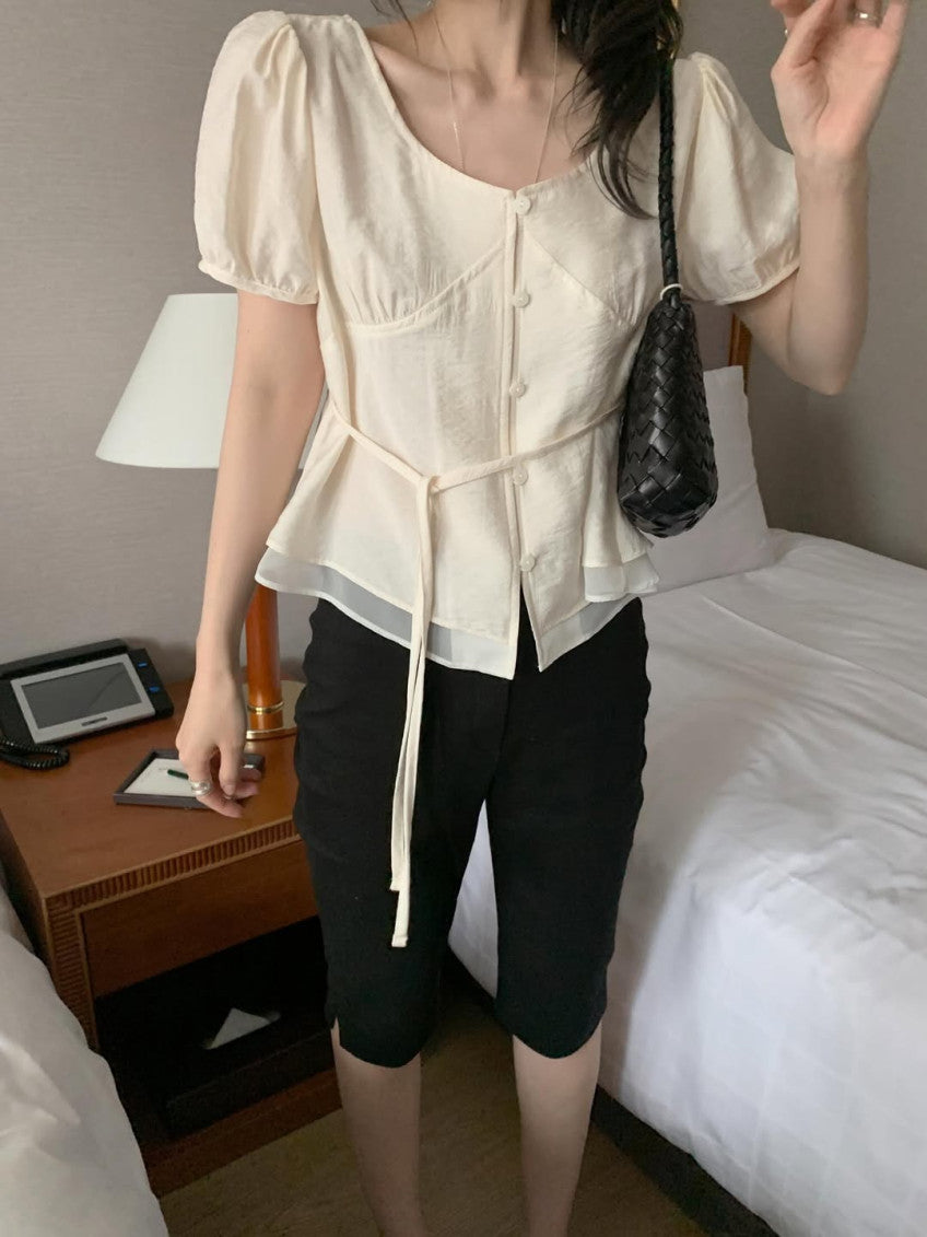 half rumi shirring blouse-3col