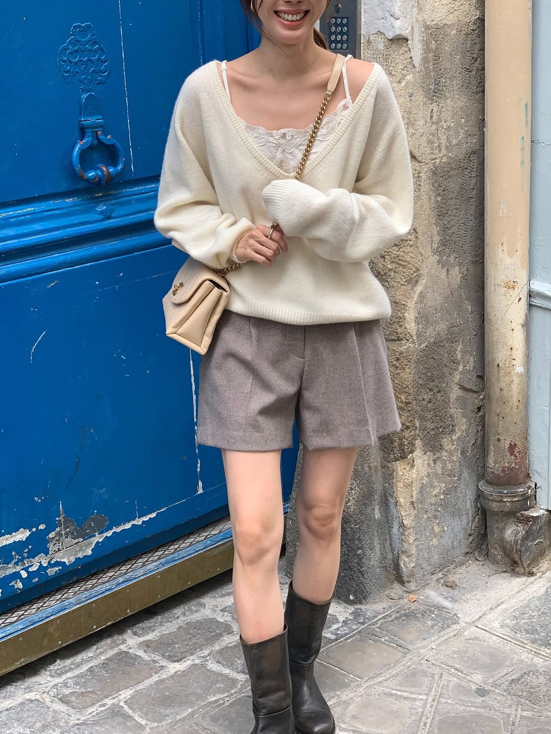 Celine cashmere wholegarment deep V-neck knit-3col