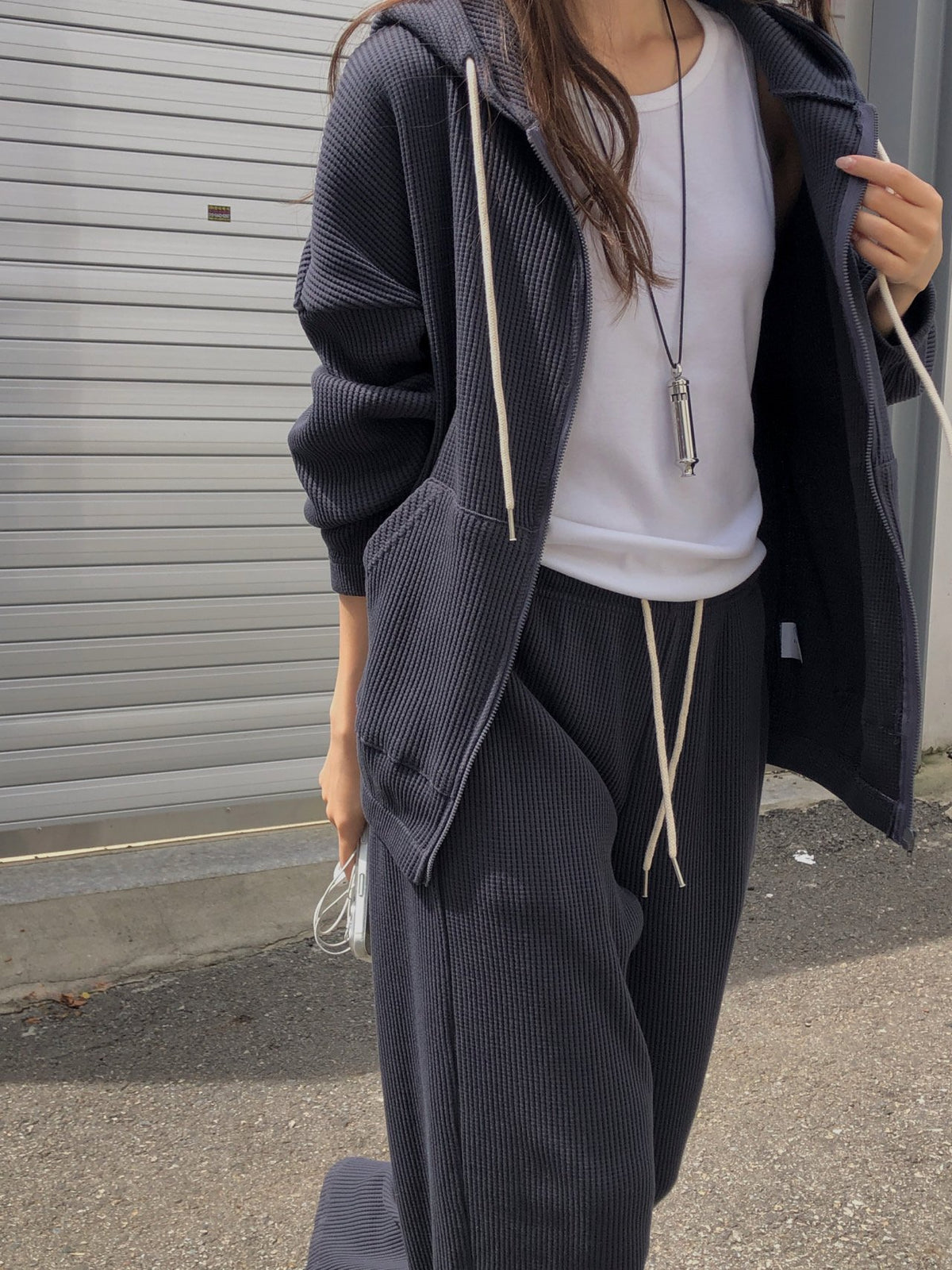 waffle hooded zip-up&pants-3col
