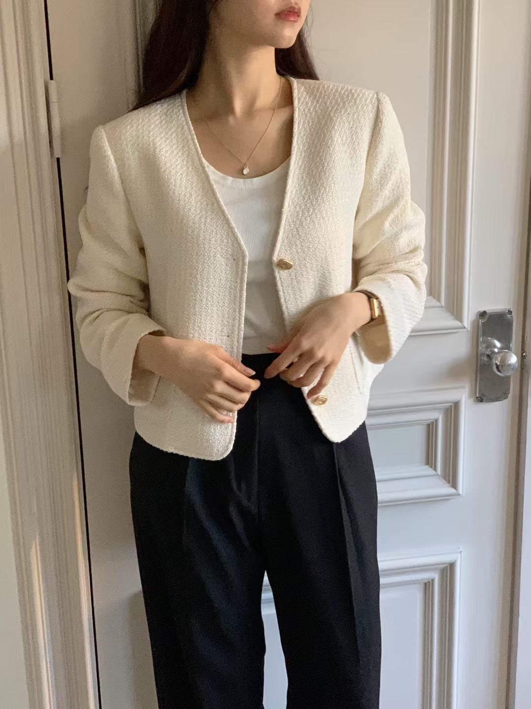 Charlotte v neck tweed jacket-2col