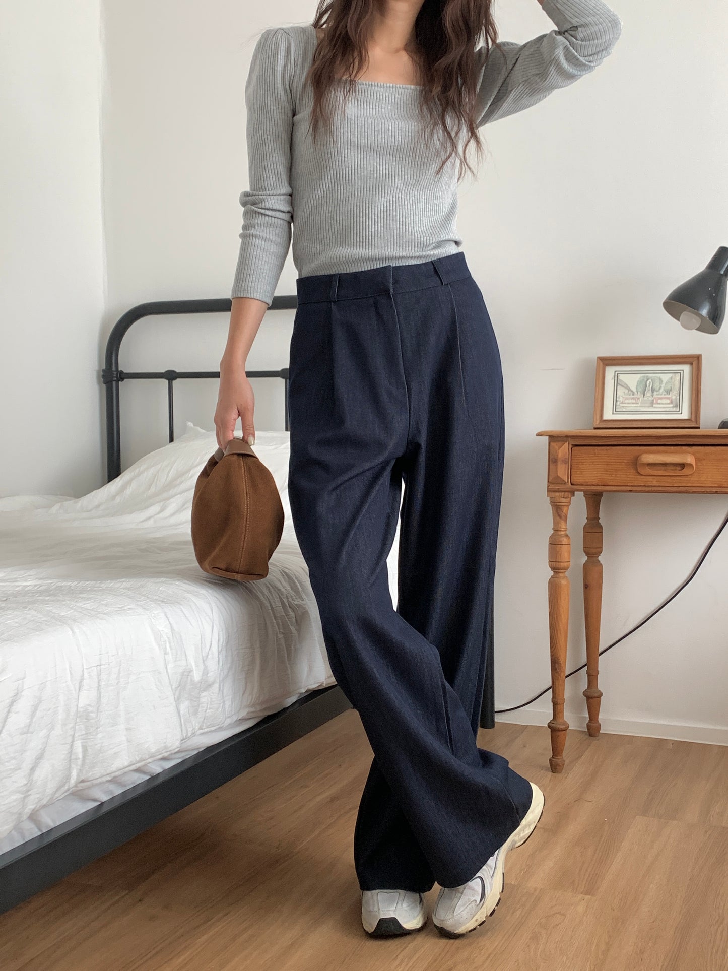 Fw denim onepintuck slacks-2col ショート丈あり