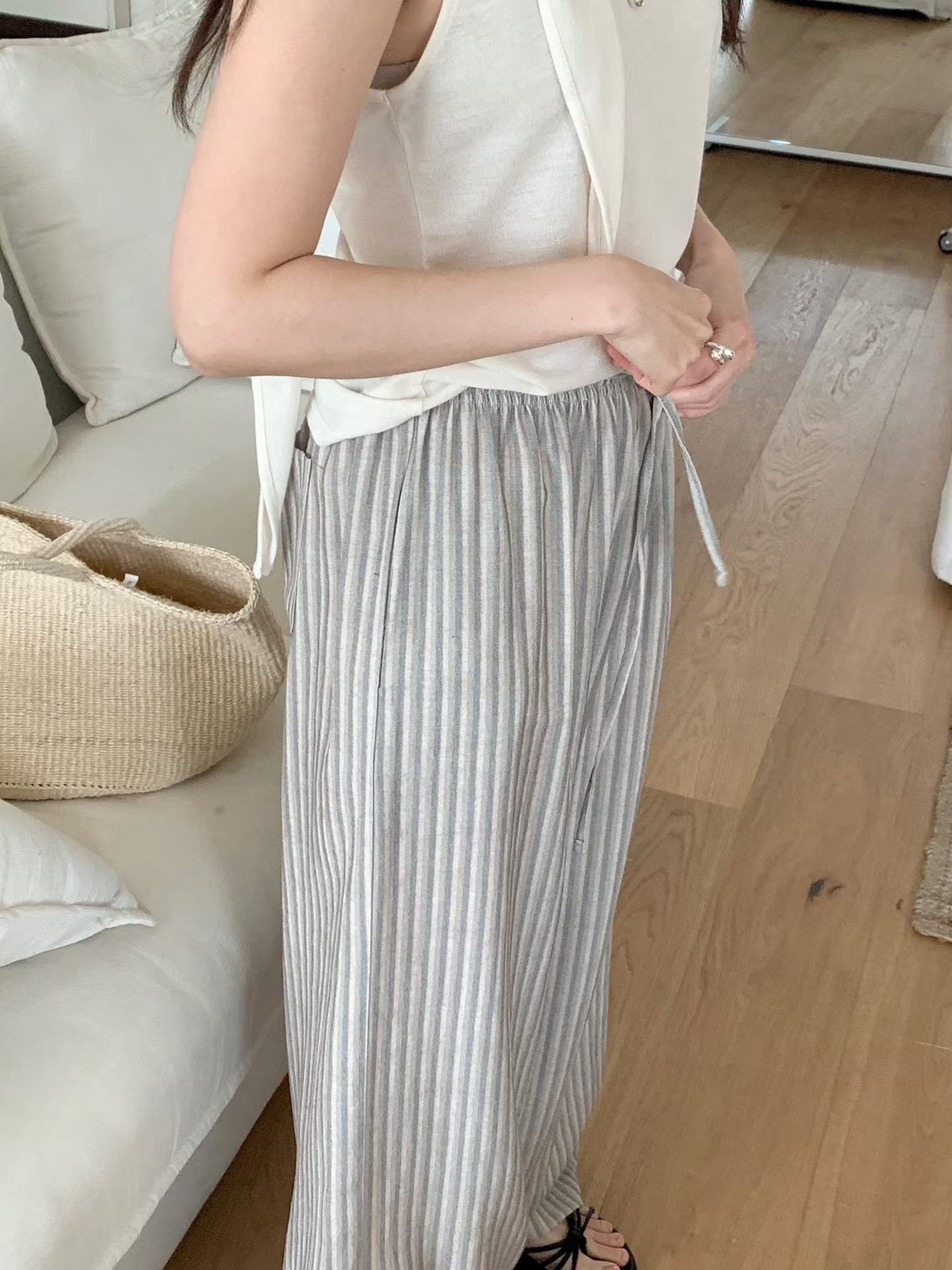 s.t linen wide banding pants
