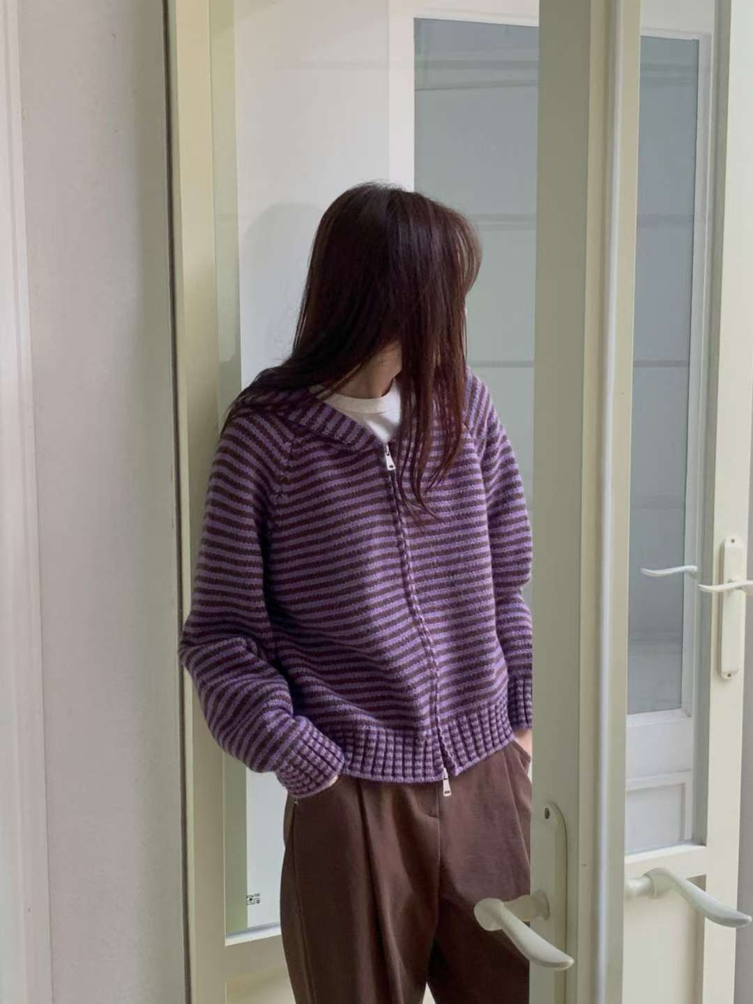 Stripe hood zip up-3col