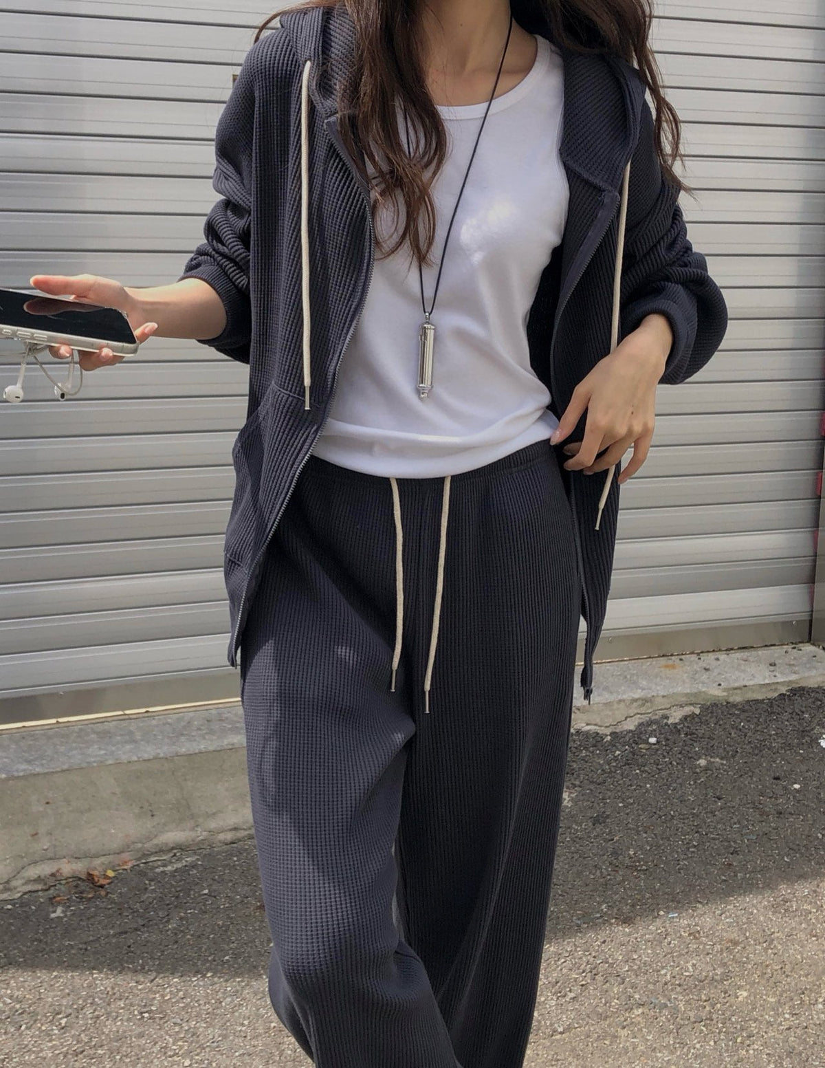 waffle hooded zip-up&pants-3col