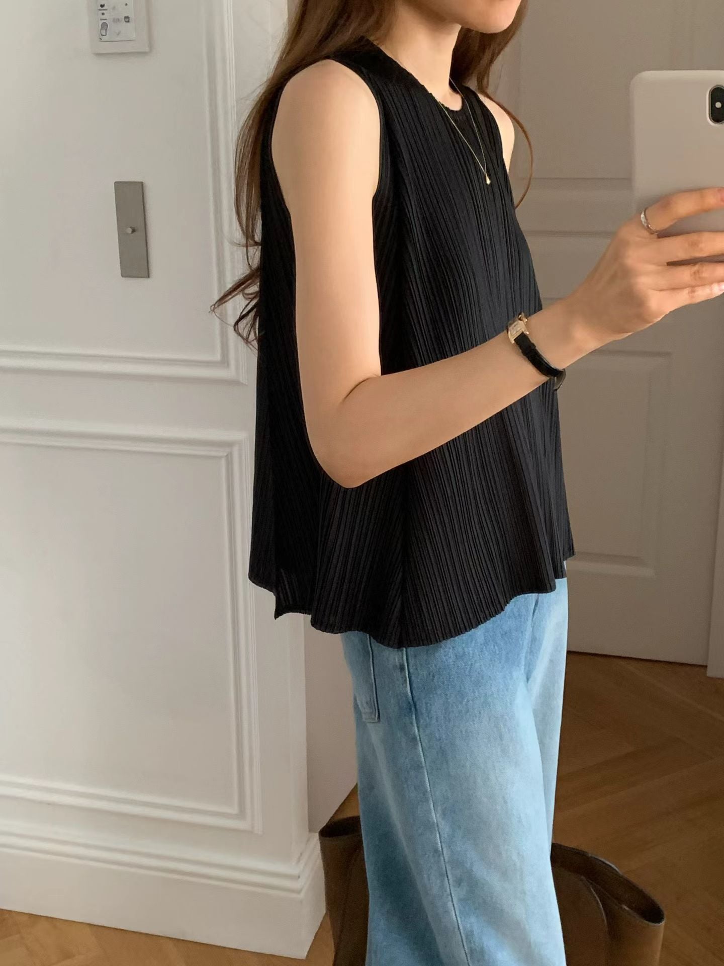ivory即納 Ounce round pleated sleeveless-3col
