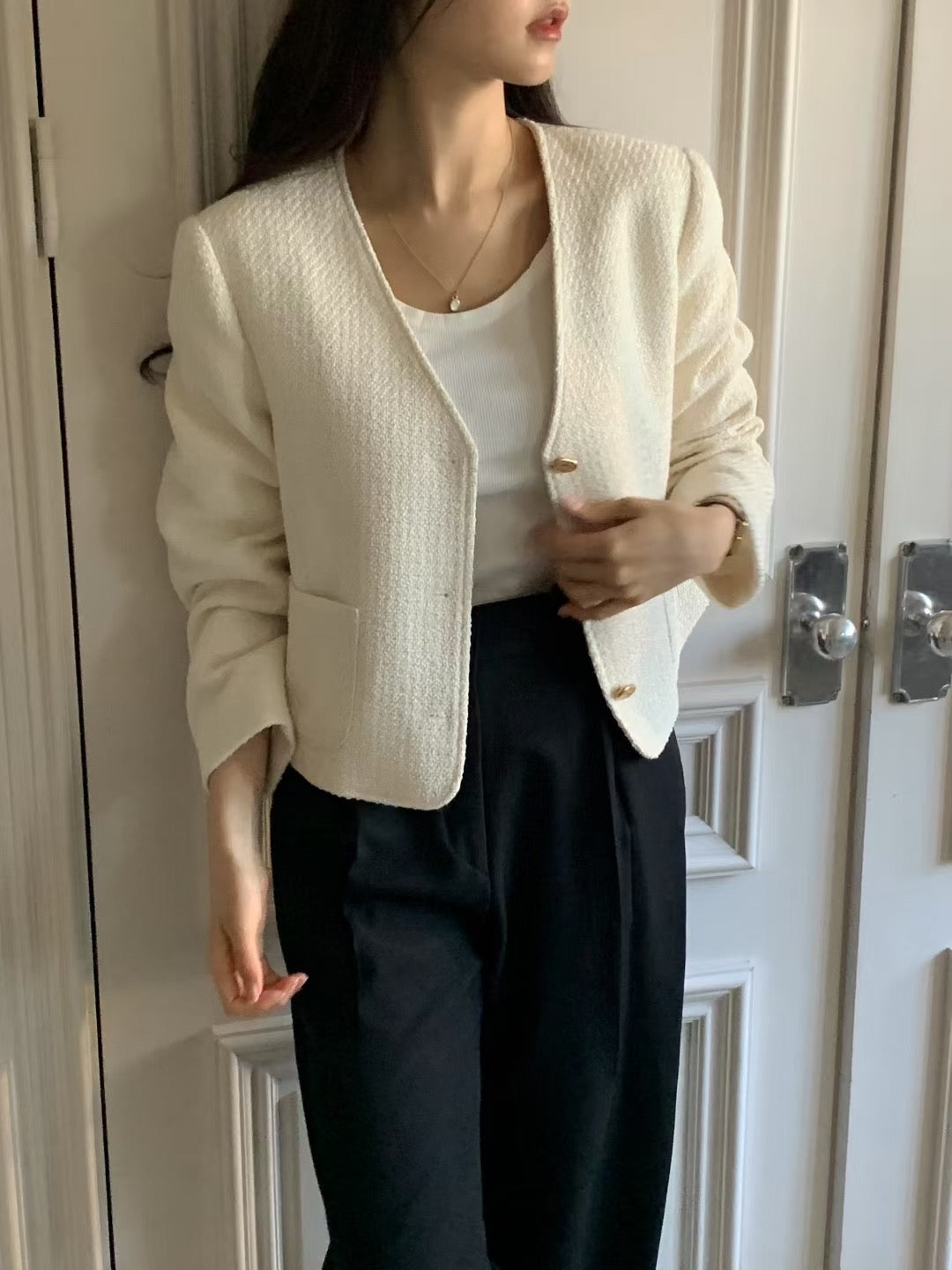 Charlotte v neck tweed jacket-2col