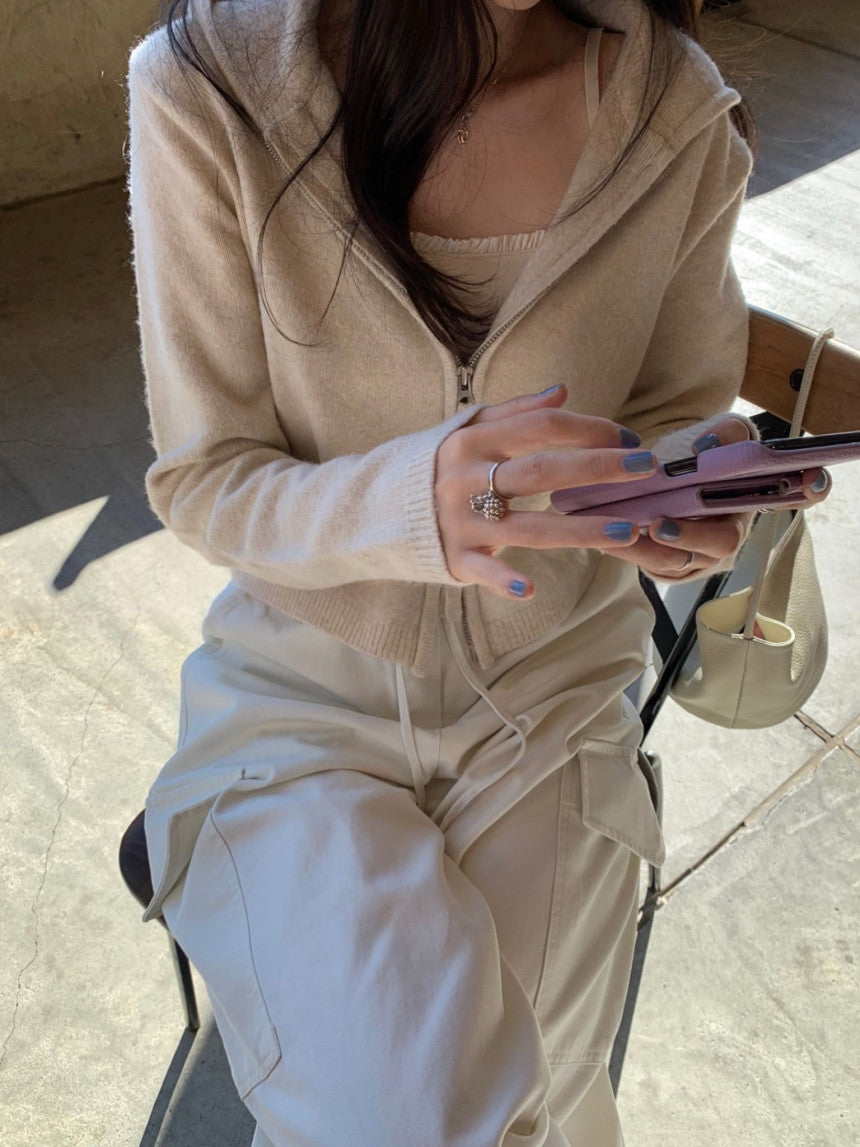 Basil hood zip up knit cardigan-3col