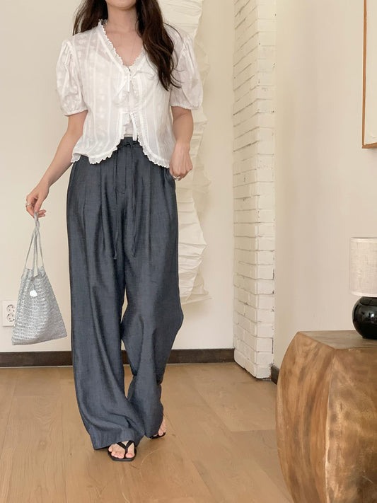 linen denim strap back-banding wide pants-2col/ショート丈あり