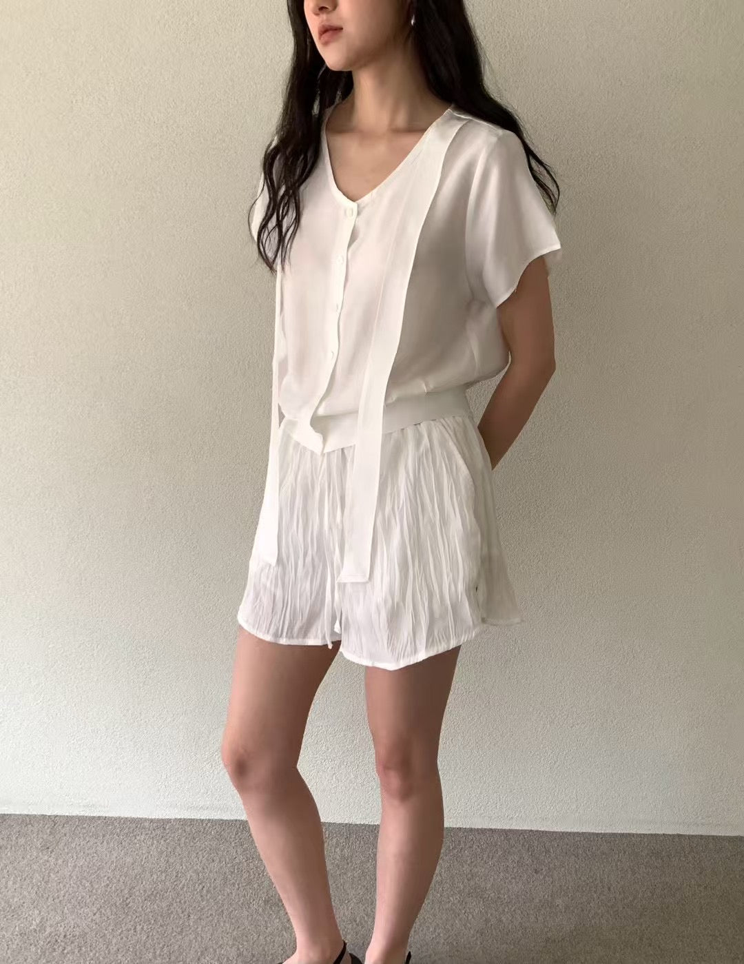 deondo tie short sleeve blouse-2col