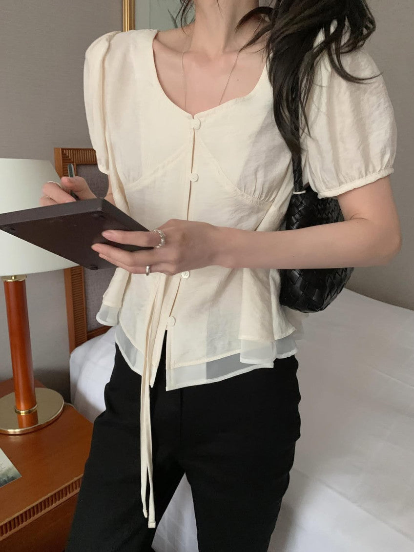 half rumi shirring blouse-3col