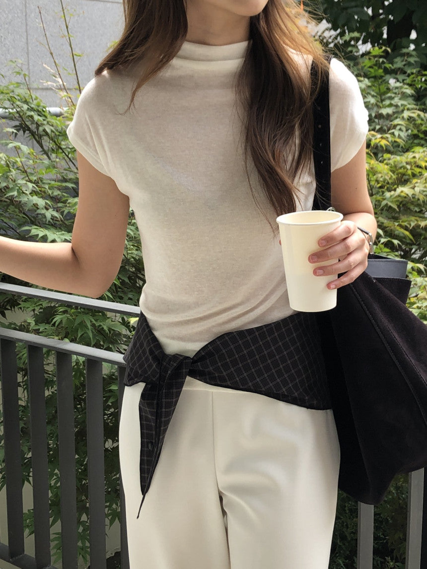 Mock neck wool tencel drop shoulder T-4col