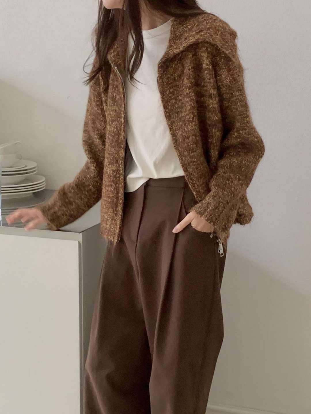 collar zip-up cardigan-3col