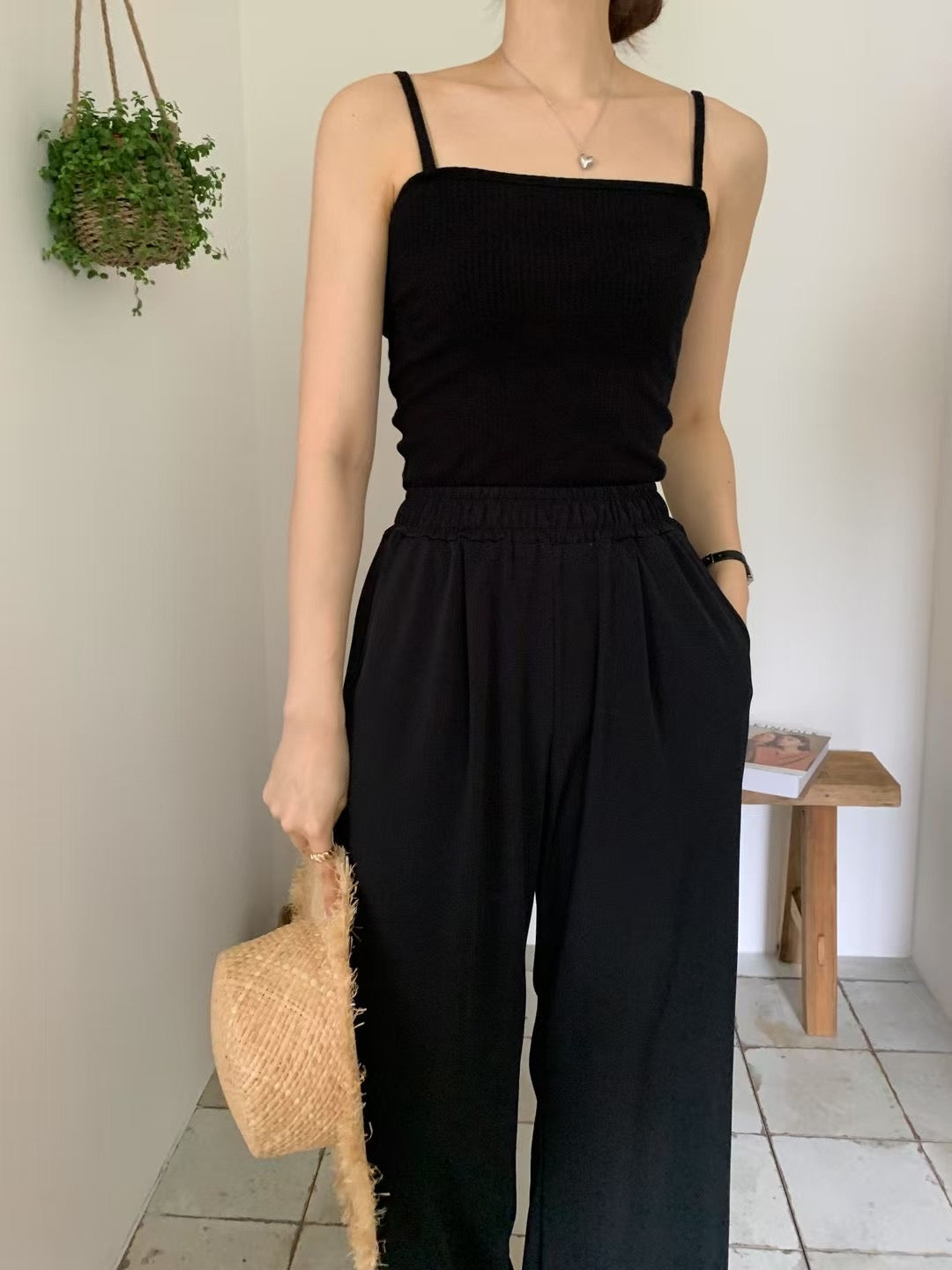 if pintuck wide banding pants-3col