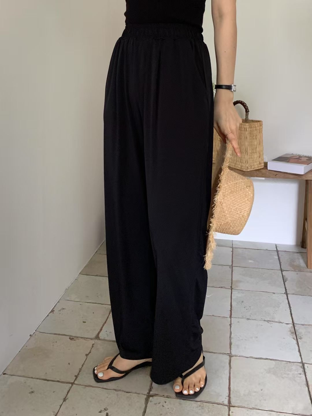 if pintuck wide banding pants-3col