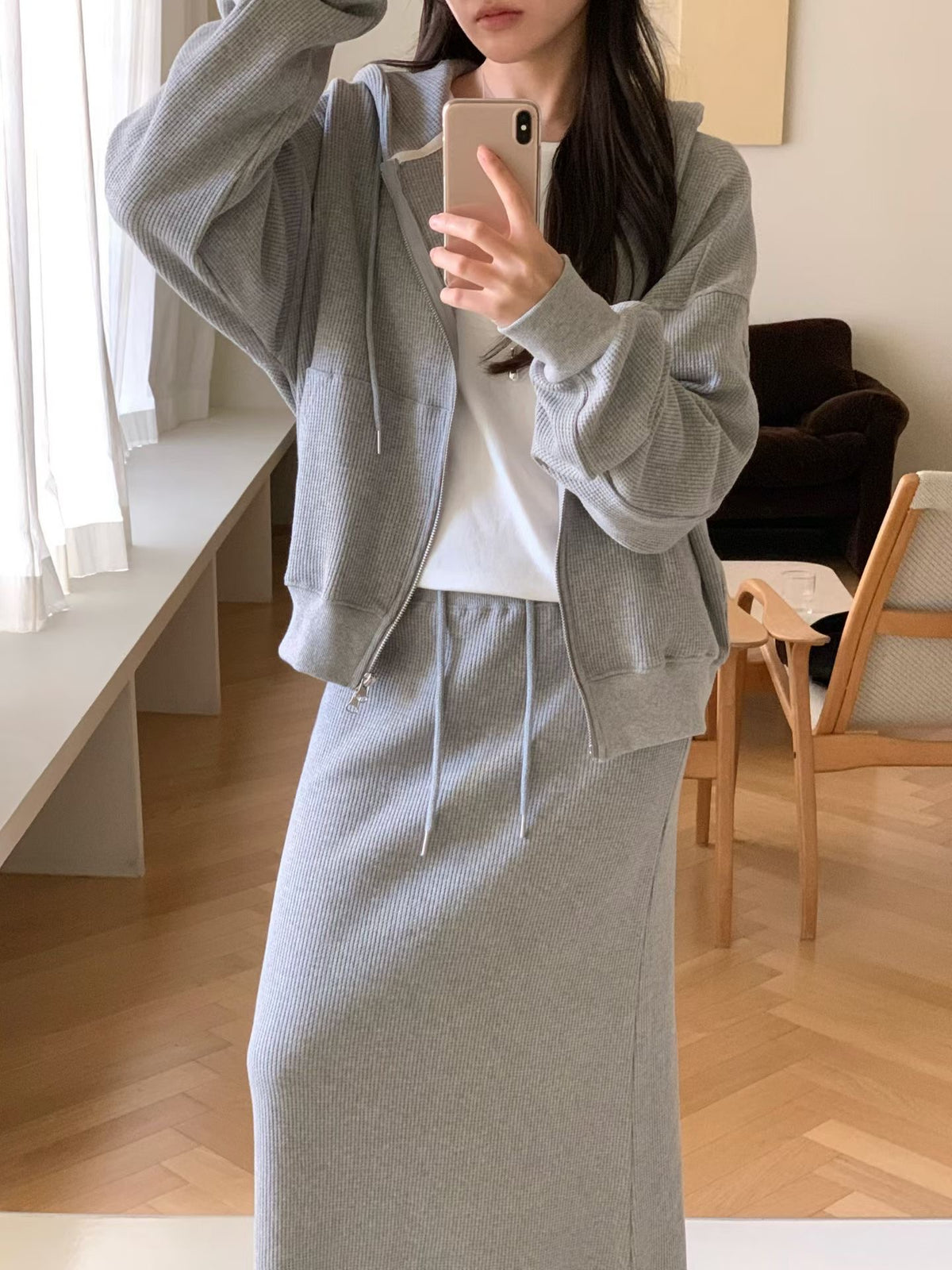 Waffle 2way hood zipup&skirt-2col
