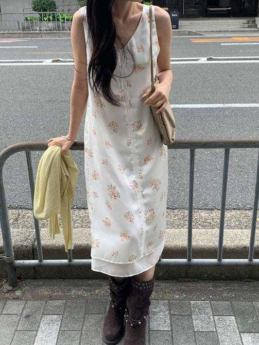 Rosy flower midi layered onepiece