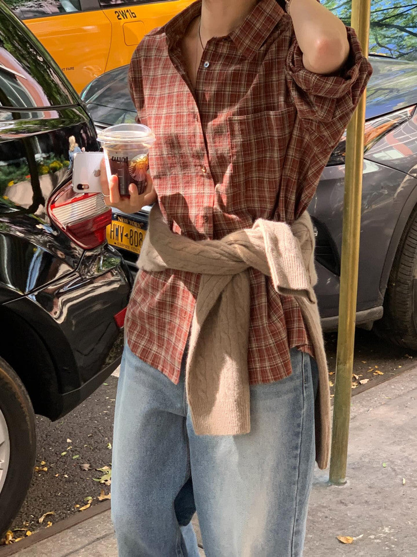 Maron check shirt-2col