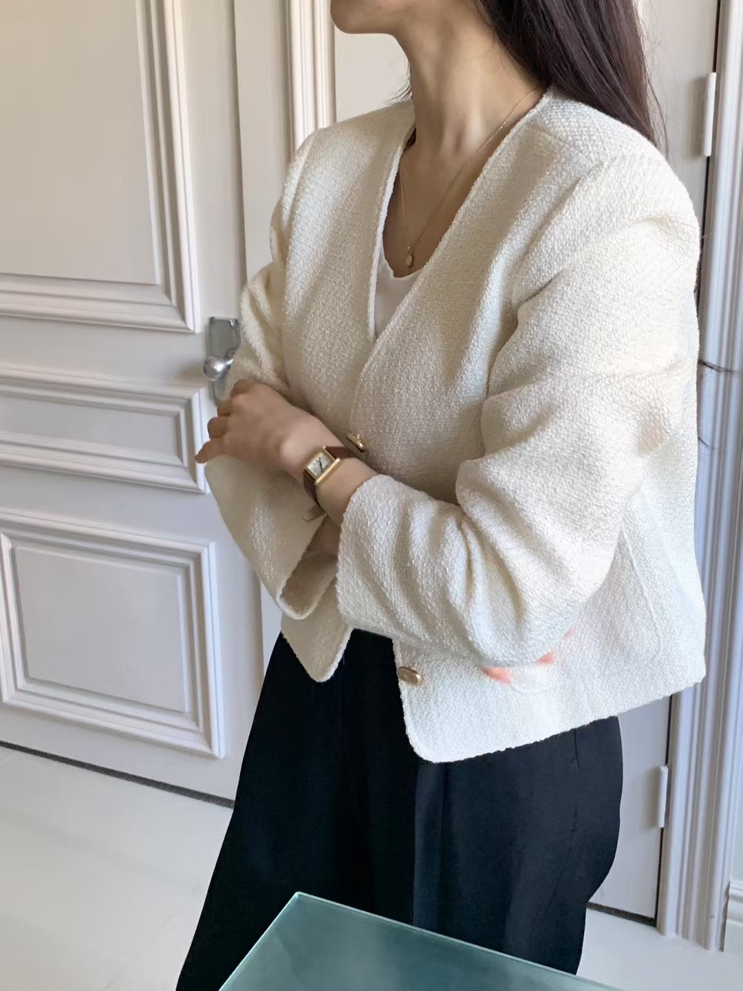 Charlotte v neck tweed jacket-2col