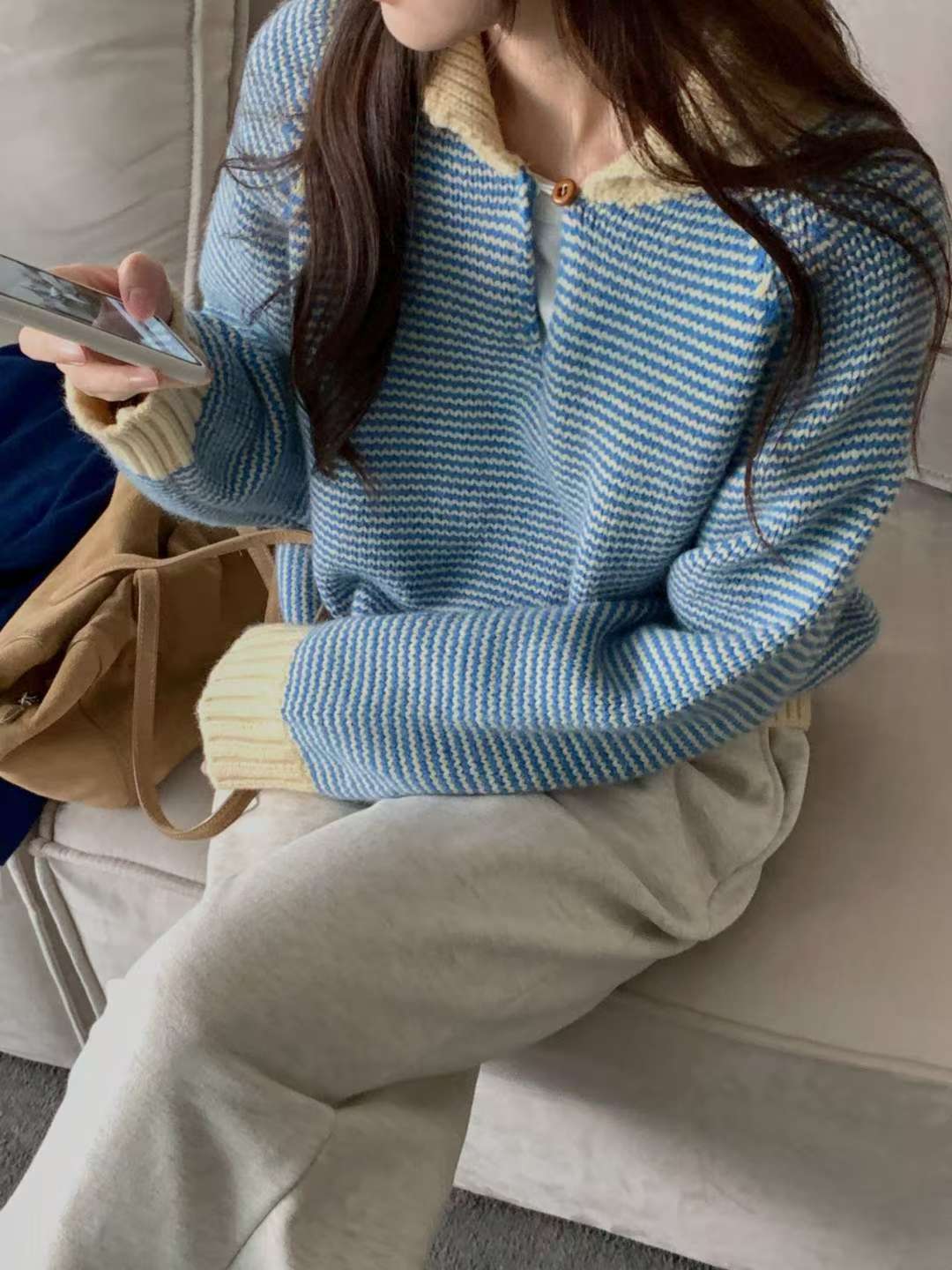 Stripe button knit-3col