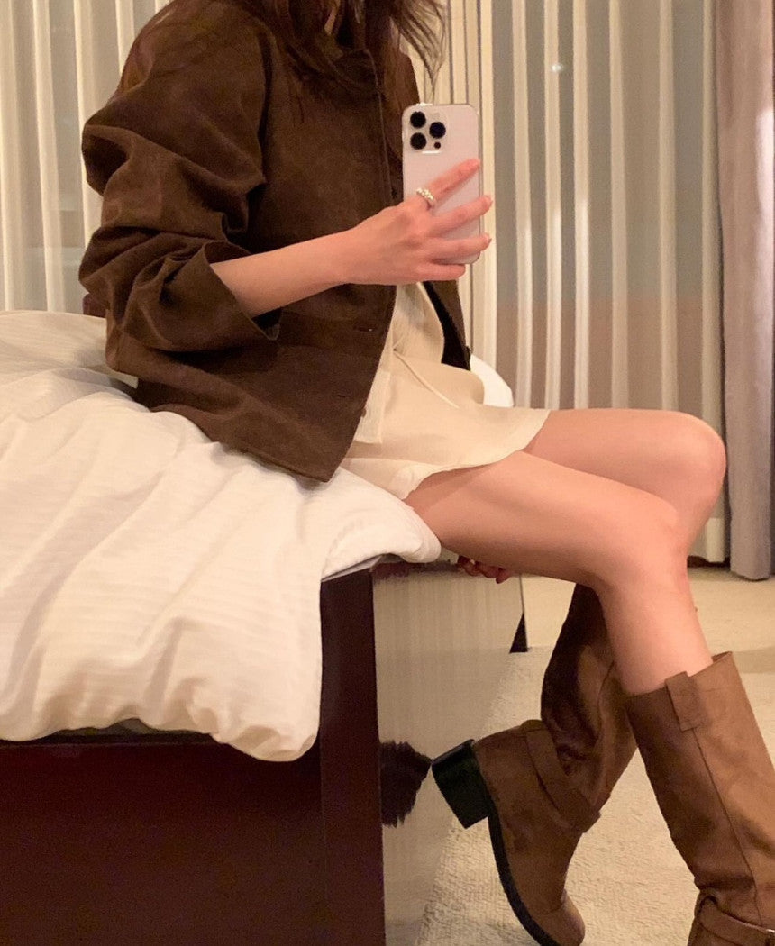 Buckle suede boots