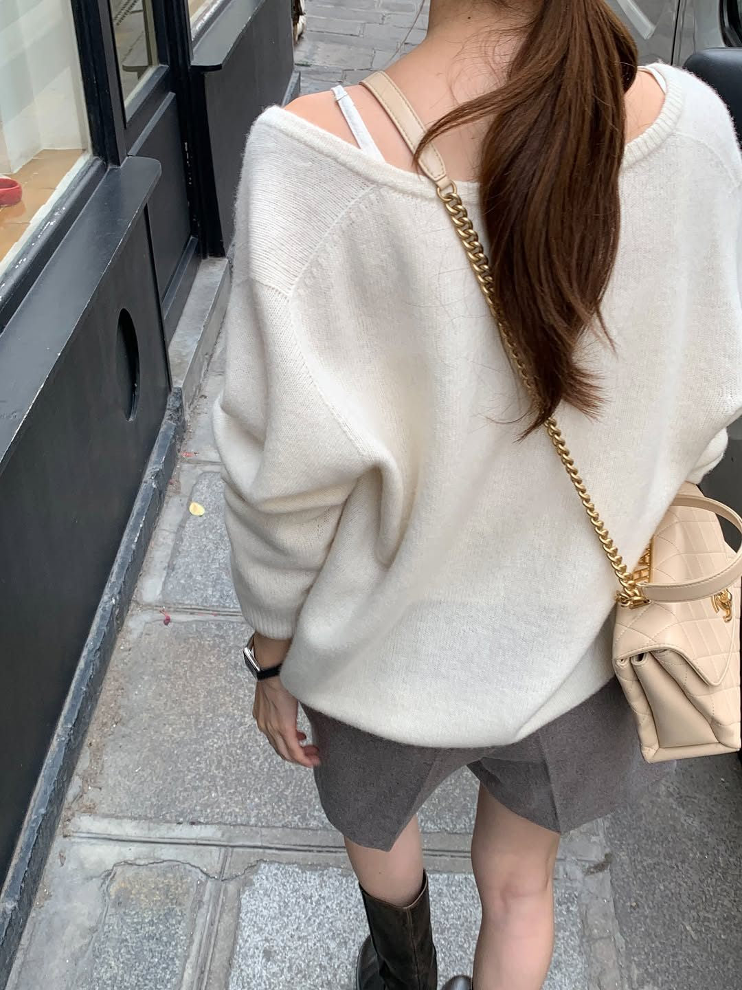 Celine cashmere wholegarment deep V-neck knit-3col