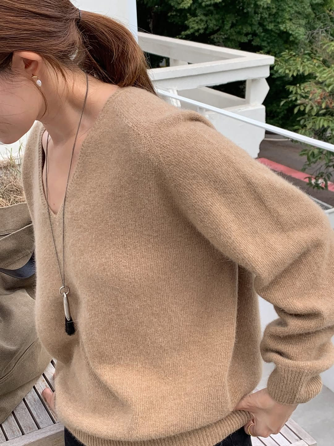Hills fox wholegarment V-neck knit-3col