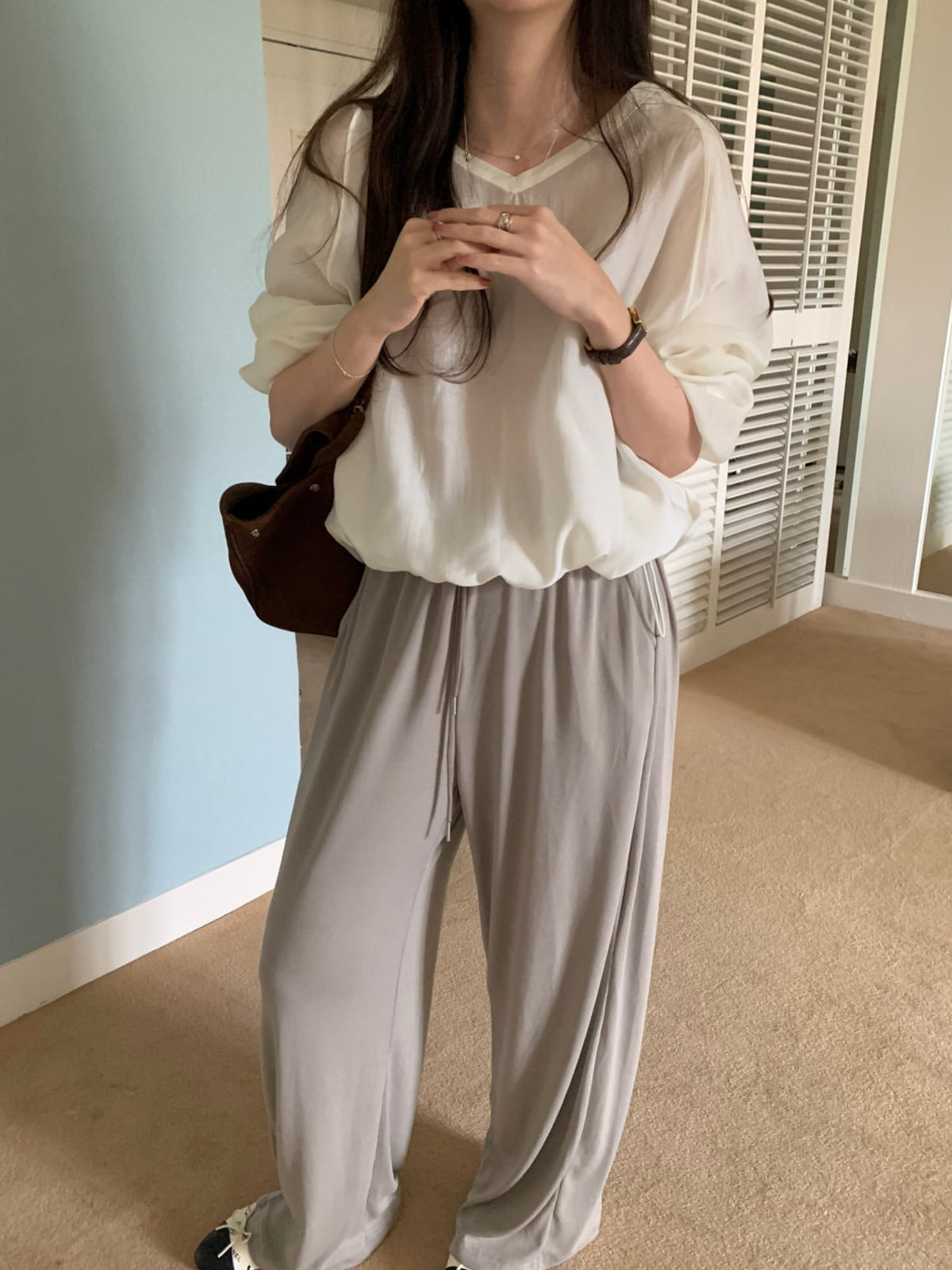 v neck tencel MTM blouse-2col