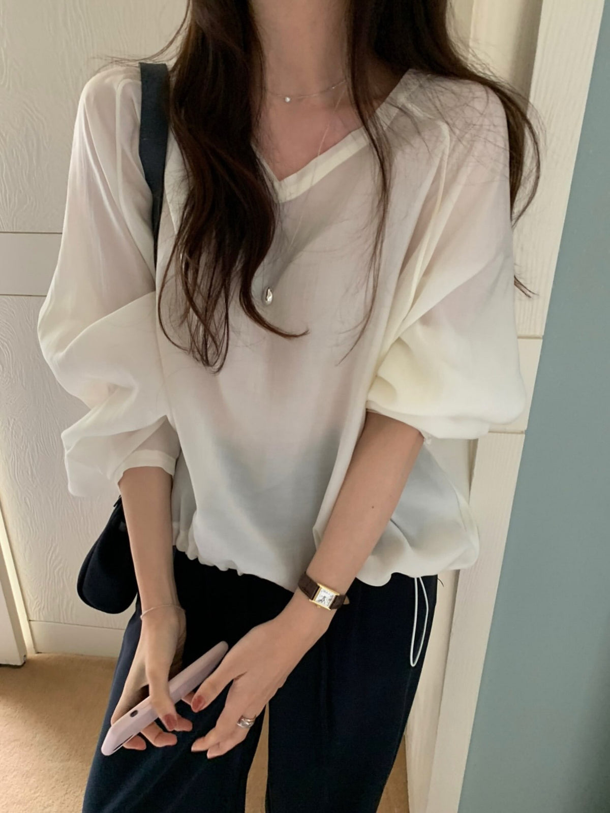v neck tencel MTM blouse-2col
