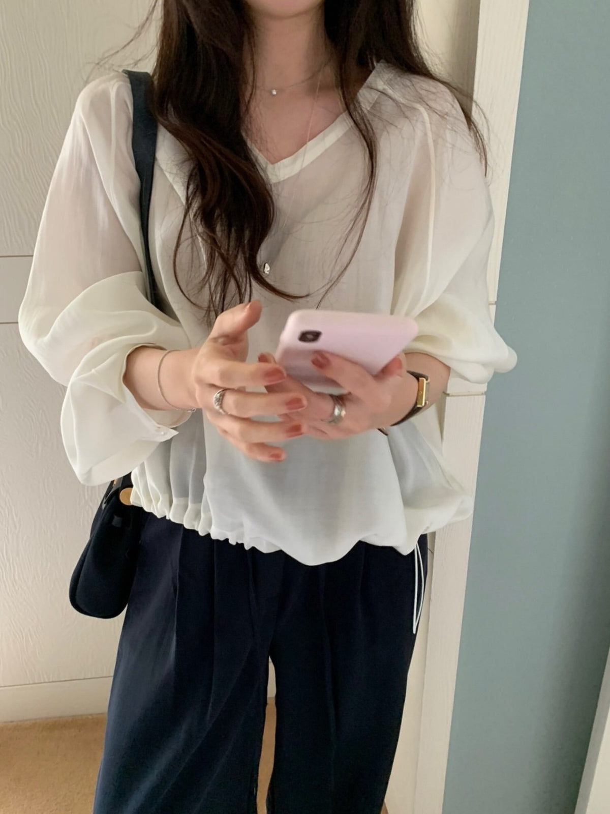 v neck tencel MTM blouse-2col