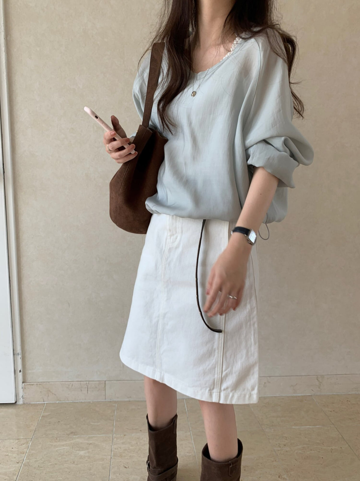 v neck tencel MTM blouse-2col