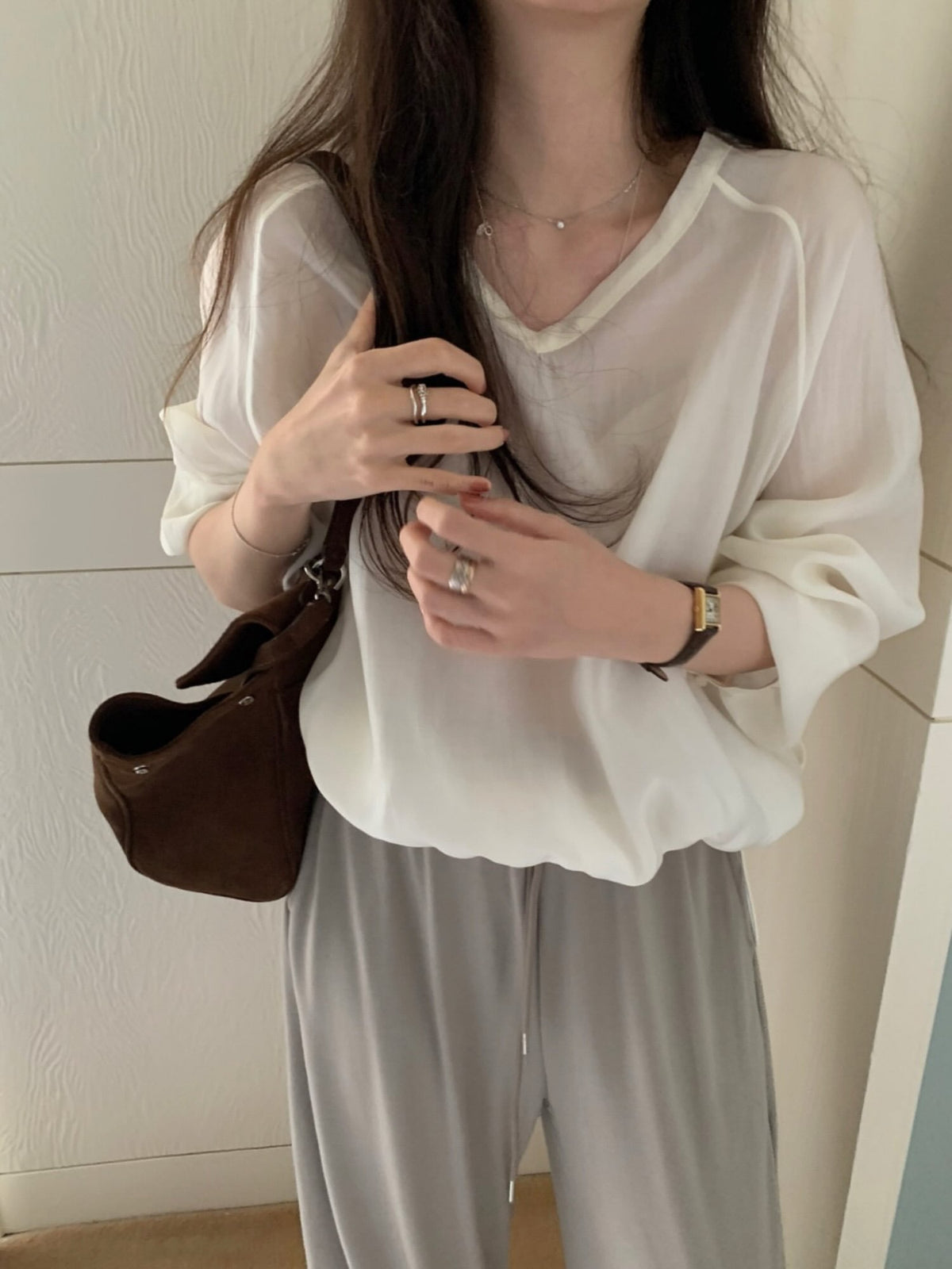 v neck tencel MTM blouse-2col