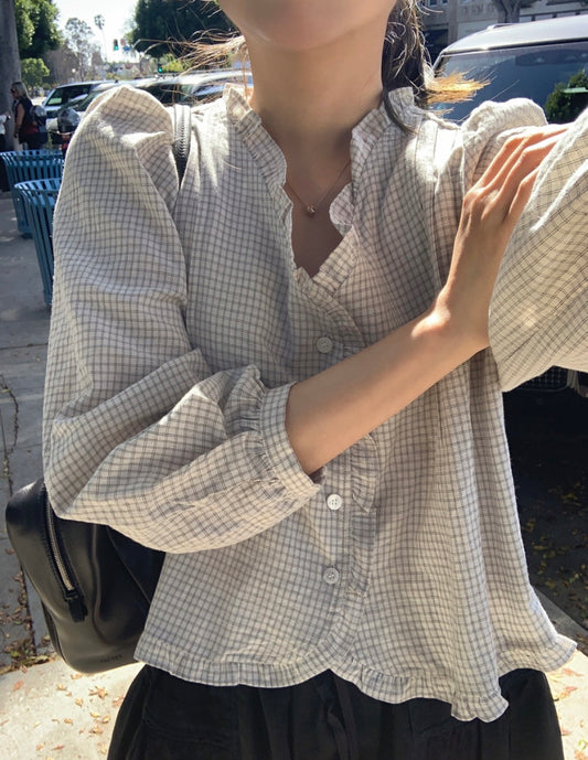 liter luna check frill blouse-2col