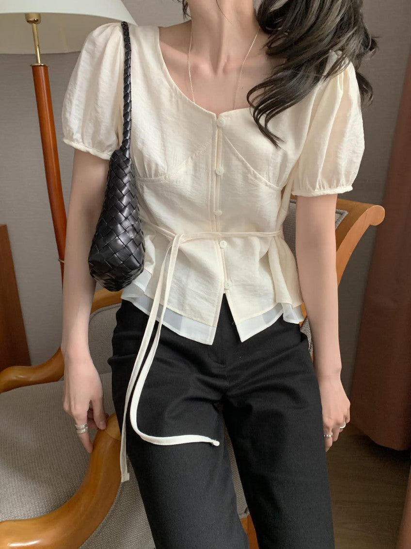 half rumi shirring blouse-3col