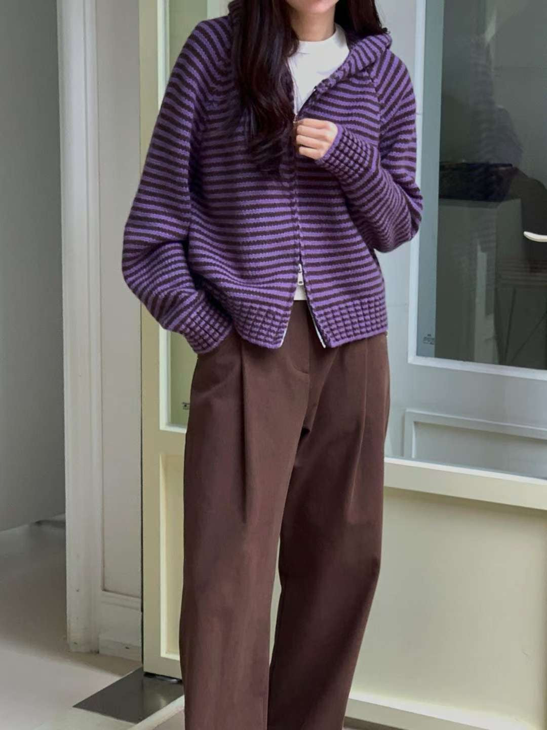 Stripe hood zip up-3col