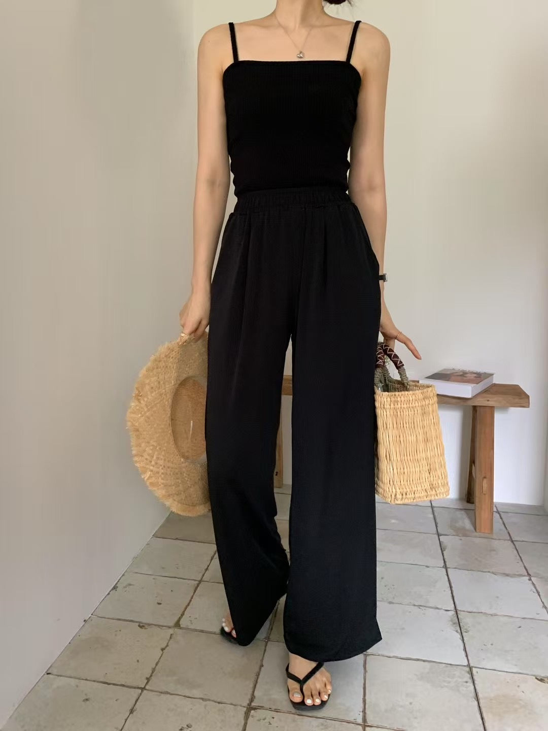 if pintuck wide banding pants-3col