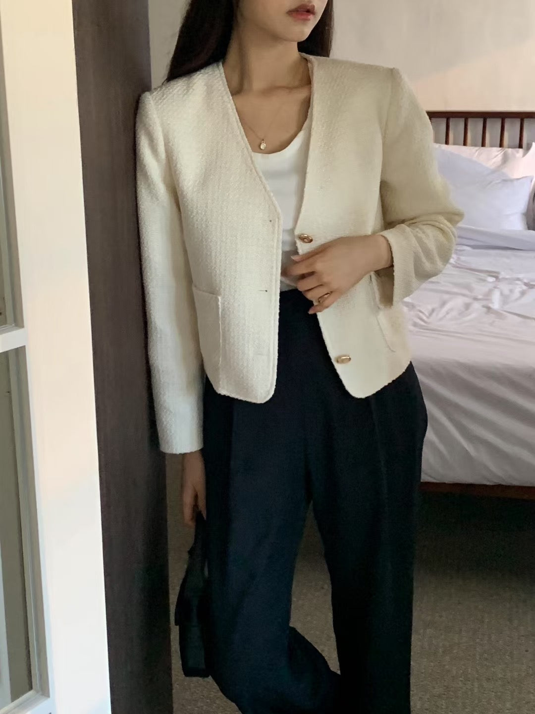 Charlotte v neck tweed jacket-2col