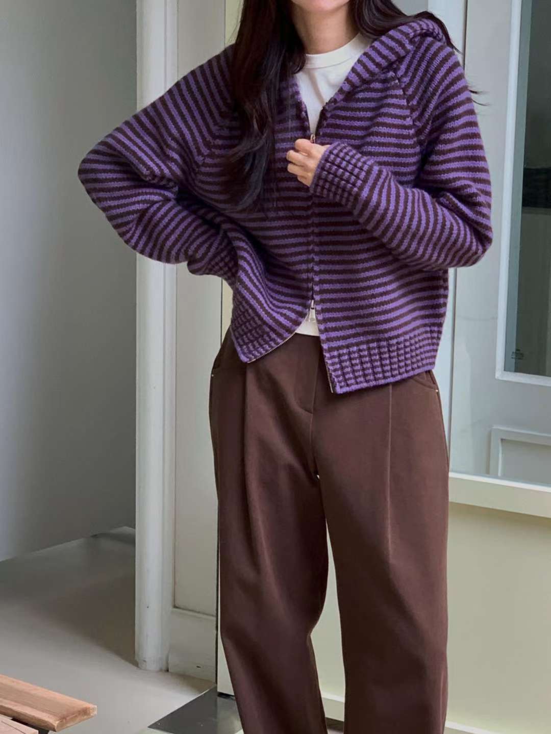 Stripe hood zip up-3col