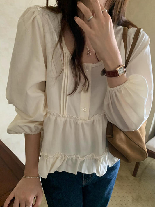 Cake pin tuck blouse-2col