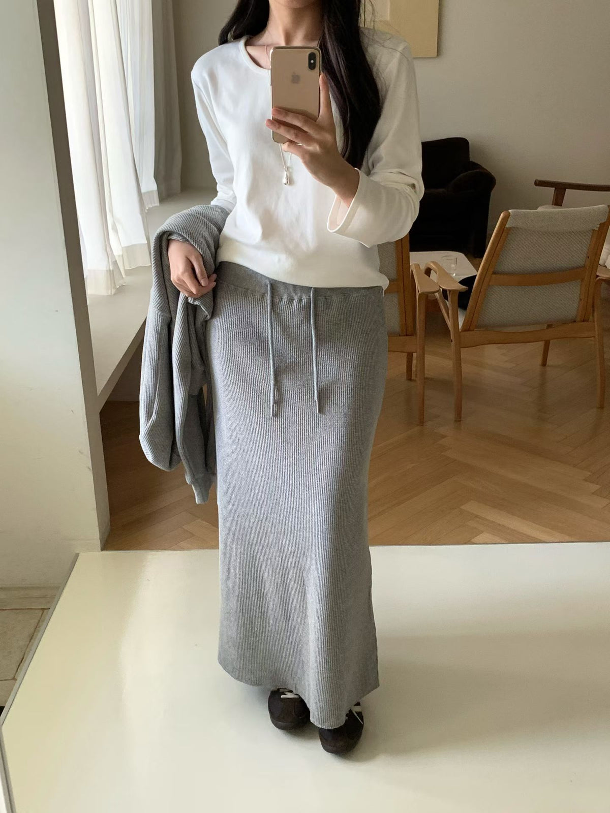Waffle 2way hood zipup&skirt-2col