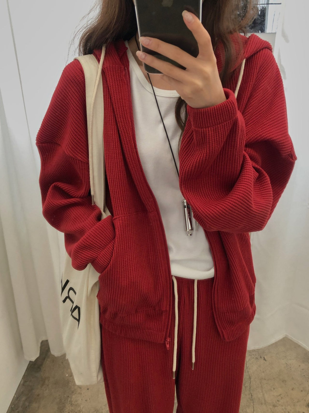 waffle hooded zip-up&pants-3col
