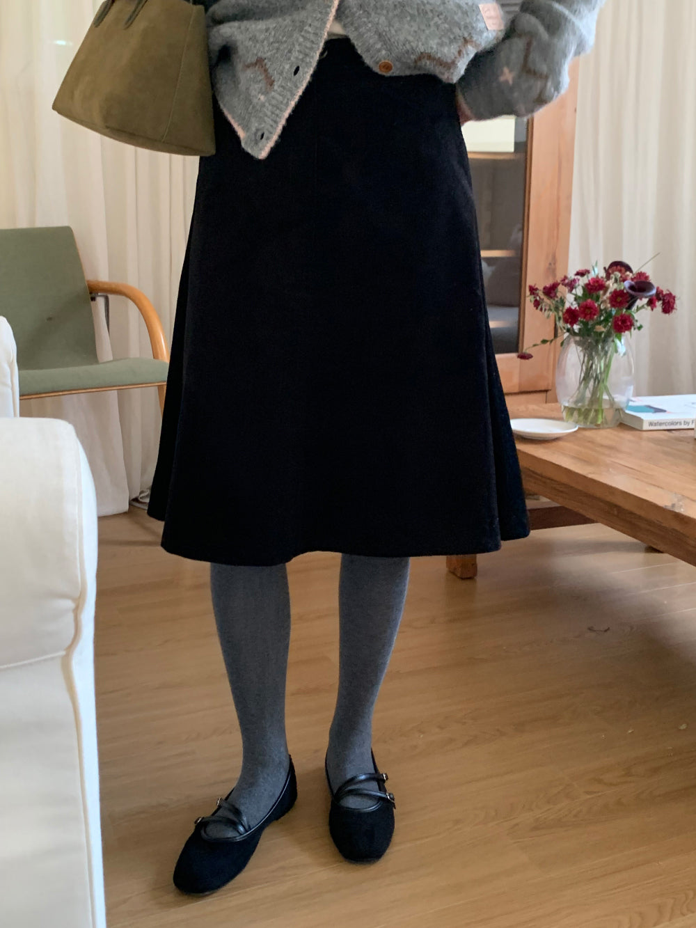 Sage corduroy skirt-2col