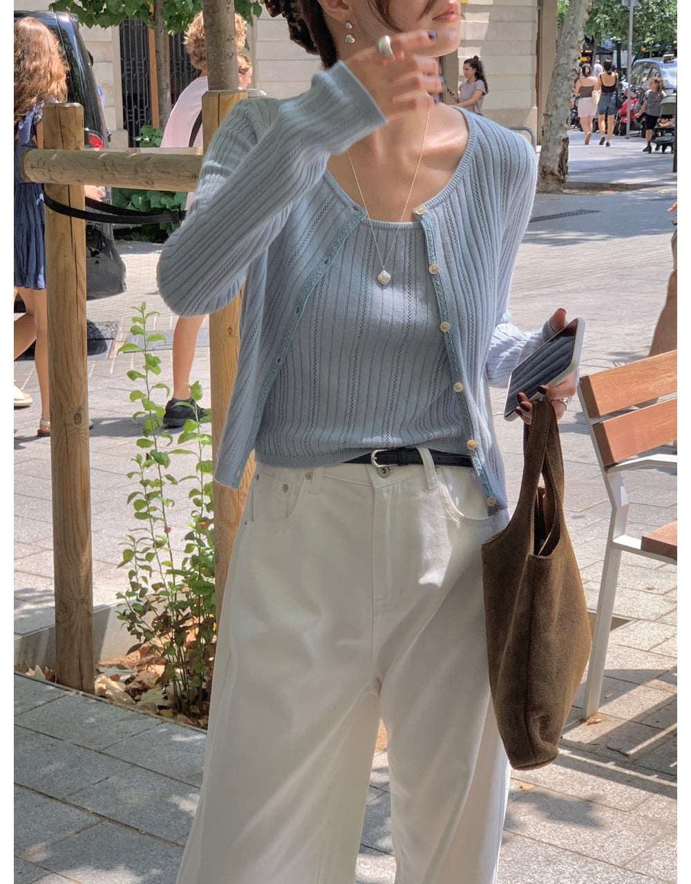 Punching sleeveless&cardigan set-3col