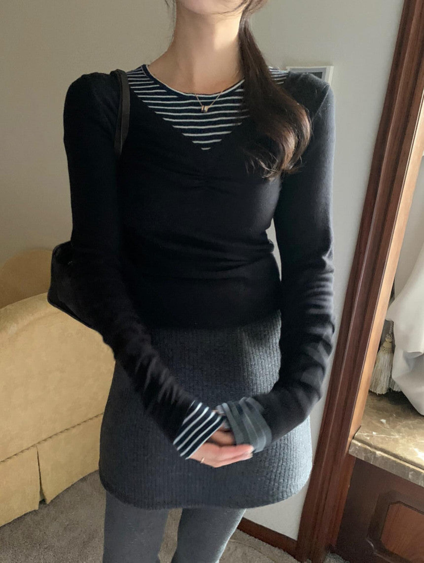 V-neck shirring T-4col