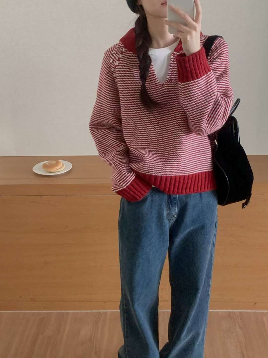 Stripe button knit-3col