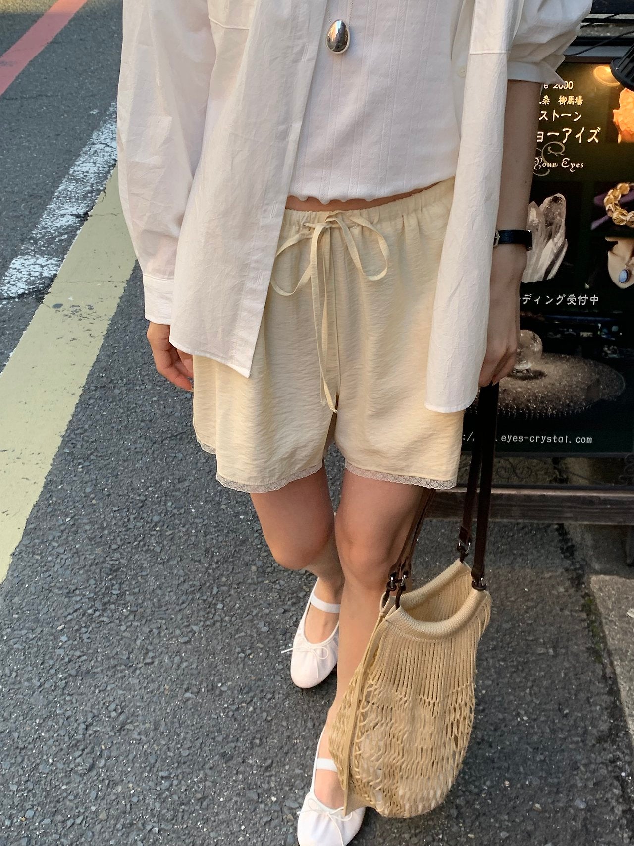 Pure lace half banding pants-3col