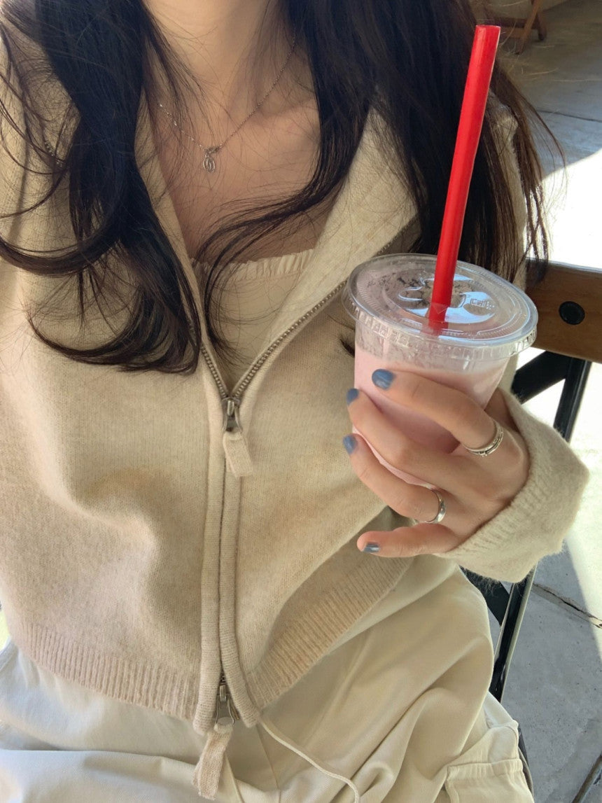 Basil hood zip up knit cardigan-3col